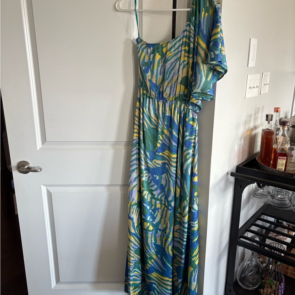 Collective Concepts Blue and Green One Shoulder Sundress